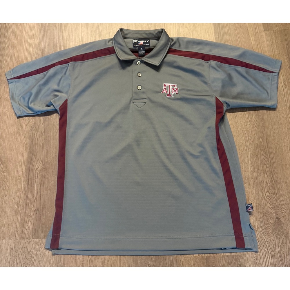 Pro Celebrity Texas A&M Aggies Mens Large Gray Maroon Stripe Performance Polo